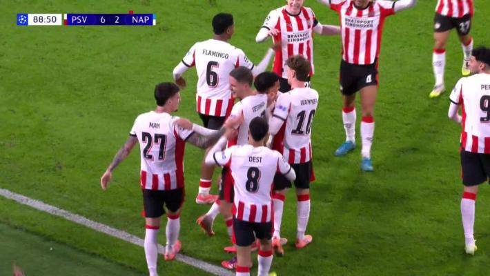 埃因霍温6-2那不勒斯！德里欧反击完美弧线球破门
